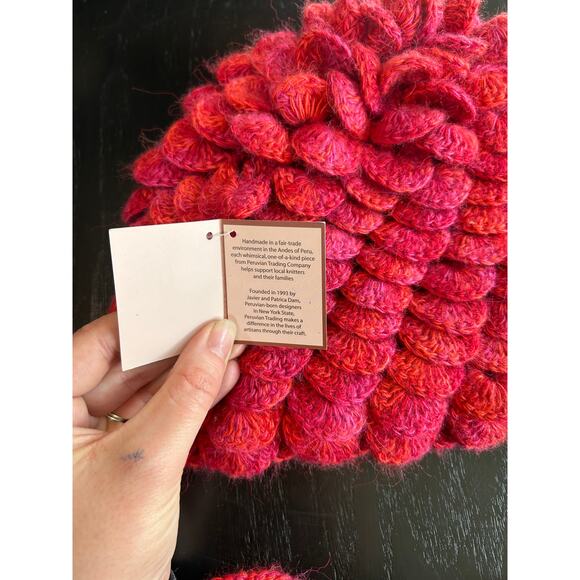 Peruvian Trading Co- Abstract Pink Crochet Beanie- with flower tassel tightener - Picture 6 of 8